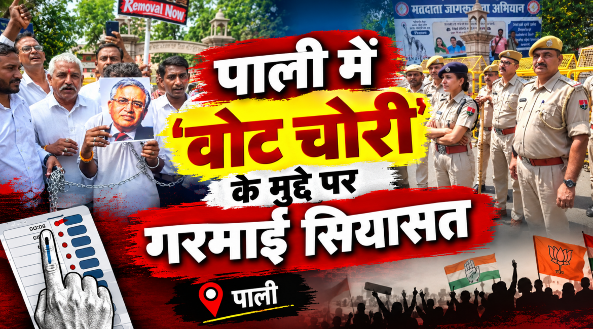 पाली में ‘वोट चोरी’ के मुद्दे पर गरमाई सियासत: कांग्रेस का कलेक्ट्रेट तक पैदल मार्च, जंजीरों में बांधकर लाए ‘ज्ञानेश कुमार’ का प्रतीकात्मक रूप, फूंका पुतला